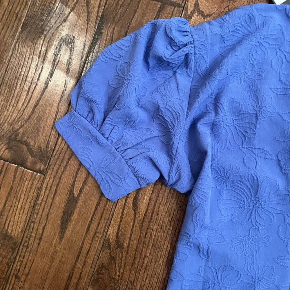 NWT Tommy Hilfiger Blue Dress with Floral jacquard embroidered puff sleeves - Picture 11 of 11